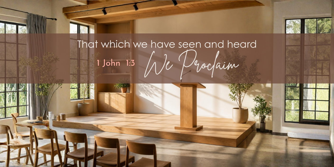 empty sunlit stage with podium and text overlay 1 John1:3
